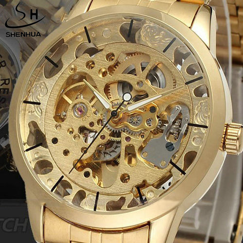 Luxury Men's Gold Full Steel Transparent Watch Skeleton Automatic Mechanical watches Steampunk Clock men Relogio Masculino Sale