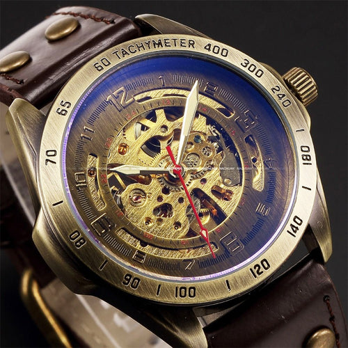 Antique Design Automatic Skeleton Mechanical Watch Vintage Leather Men's Wristwatch Skeleton Steampunk Clock Male Blue Dial