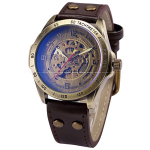 Antique Design Automatic Skeleton Mechanical Watch Vintage Leather Men's Wristwatch Skeleton Steampunk Clock Male Blue Dial